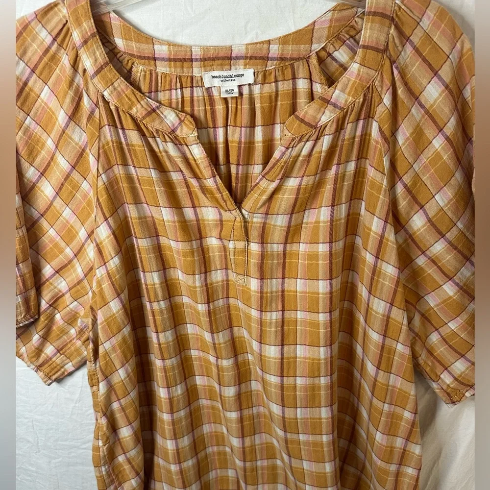 BeachLunchLounge XL Mustard Plaid Blouse Boho Peasant Top - Picture 2 of 6